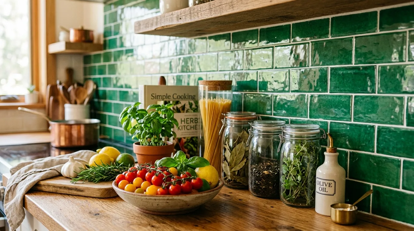 Use a backsplash that keeps the room feeling balanced inspiration for a green kitchen.